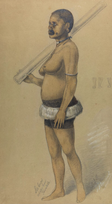 Ra Enge, a Fijian noblewoman, adorned with veiqia tattoos on her hips, buttocks, and upper thighs, and qia gusu on her mouth. Drawn by Theodor Kleinschmidt.