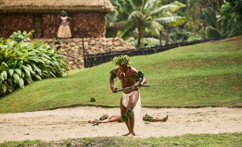 Fijian warrior performs a war dance at the new Damodar Arts Village in Pacific Harbour, Deuba, Fiji.