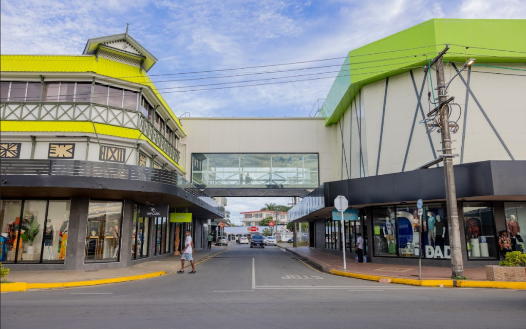 The covered overpass linking the flagship building on the left to the gallery in the adjacent building.
