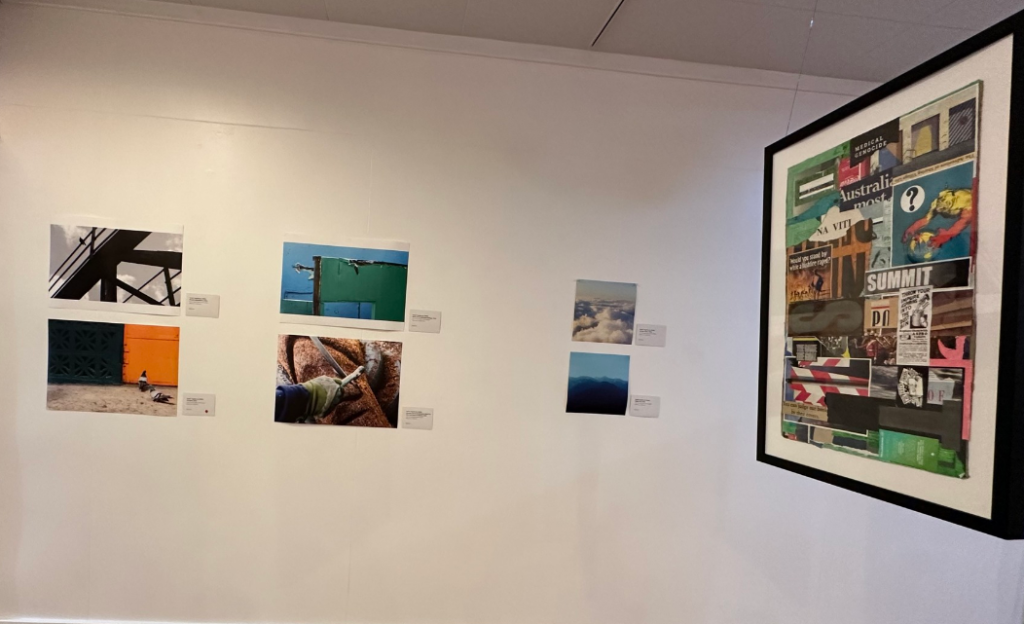 Suspended collage and gallery walls brimming with vibrant textures and colours, capturing the energy of the exhibition. EXPLORE Fiji photo.