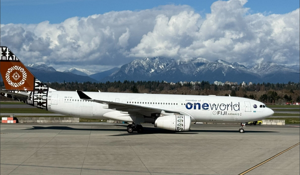 A Fiji Airways aircraft on the ground at Vancouver International Airport, linking the South Pacific with Canada’s west coast. 
Fiji Airways photo. 