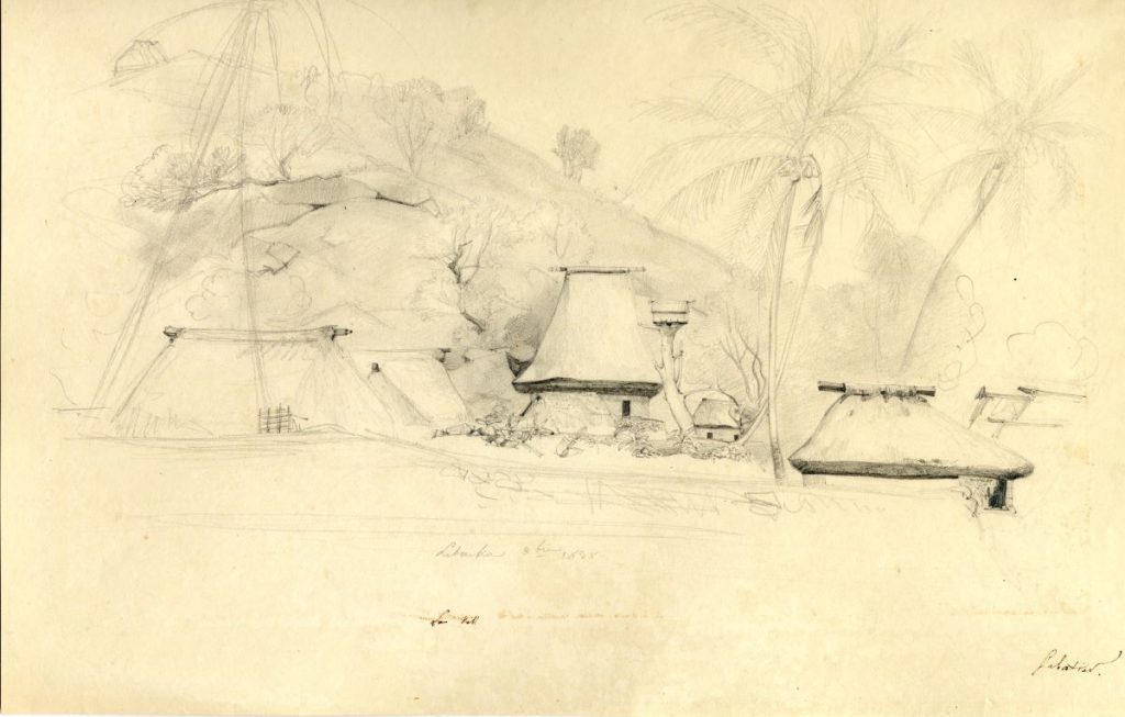 Goupil’s drawing of the Bure Kalou, the village’s sacred structure, among other bures in Levuka, October 1838.