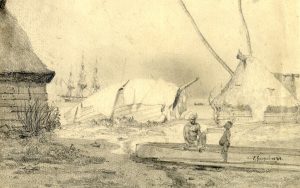 In this 1838 drawing by Goupil, Fijian bures frame the shoreline as a French corvette rests offshore, capturing a moment of encounter that would ripple through history.