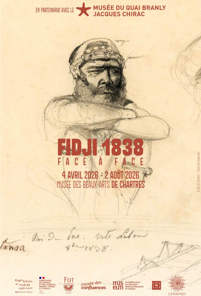 The Chartres exhibition poster brings Goupil’s portrait of Ratu Tanoa Visawaqa to life, marking Fidji 1838: Face à Face in bold colour and context.