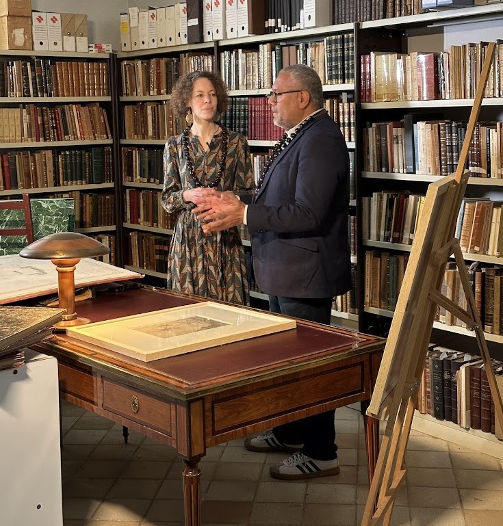 Co-curators Stéphanie Leclerc Caffarel and Samson Verma at the Musée des Beaux-Arts de Chartres discussing Goupil’s illustrations.