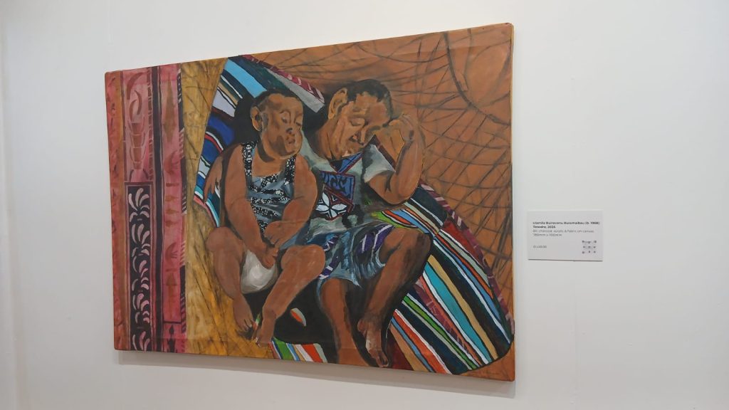Tatadra by Ulamila Bulamaibau, oil, charcoal, acrylic and fabric on canvas. Photo: EXPLORE Fiji.