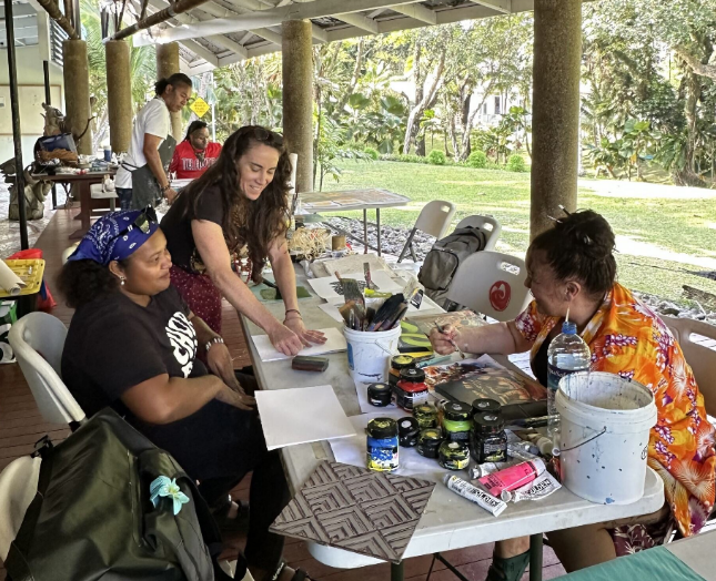 Artists from Fiji and Aotearoa New Zealand collaborating during a 2025 cultural exchange workshop at The University of the South Pacific’s Oceania Centre in Suva