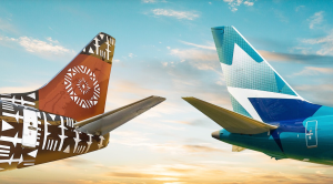 Fiji Airways and WestJet aircraft tails shown side by side, representing a codeshare partnership linking Fiji and Canada