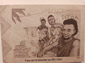Digital artwork on canvas titled We All Fijians Here (2026) by Ropate Kama, featuring themes of identity, belonging, and unity in Fiji. EXPLORE Fiji photo.