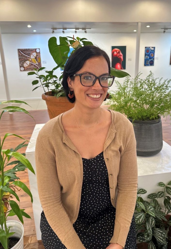 Dr Katrina Talei Igglesden seated inside the Epeli Hauʻofa Art Gallery at The University of the South Pacific’s Oceania Centre in Suva, Fiji