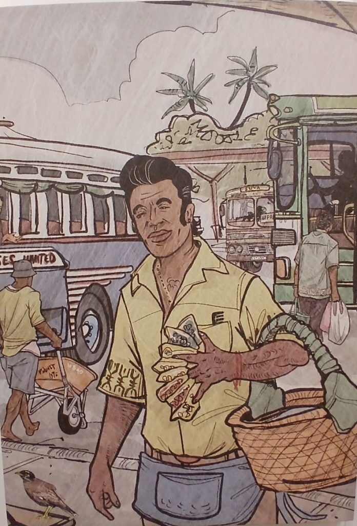 Artwork by Ropate Kama depicting peanut seller Mausam Ali at the Suva Bus Stand, with schoolchildren and buses in the background. EXPLORE Fiji photo.
