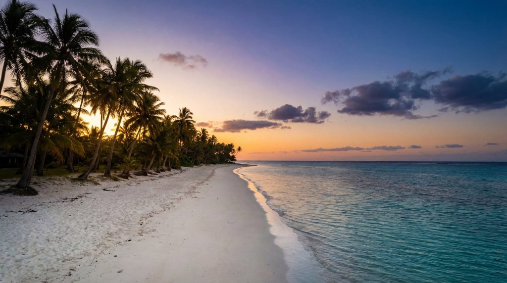 Sunset over a tropical beach with calm ocean waters