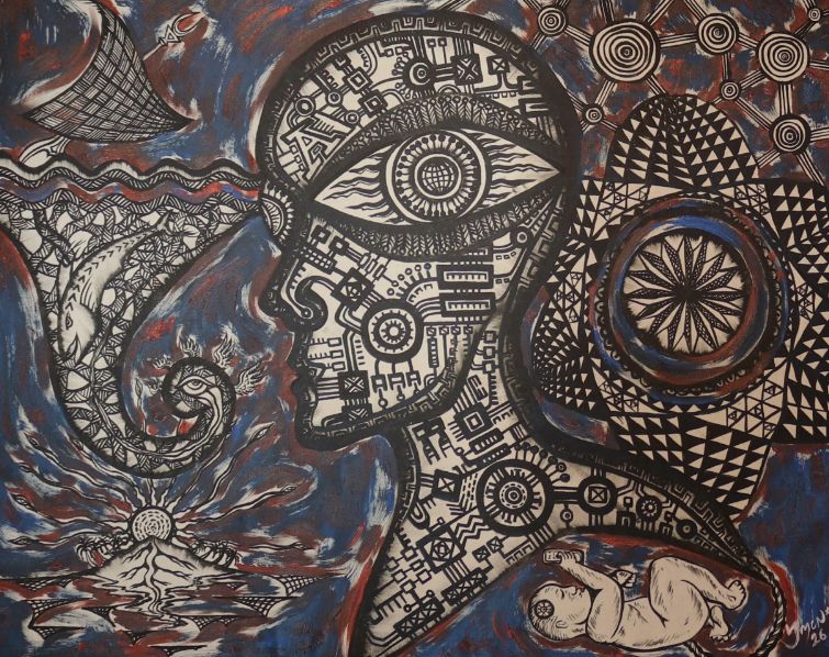 The Birth of AI oil painting by Fijian contemporary artist Josaia Waqabaca McNamara