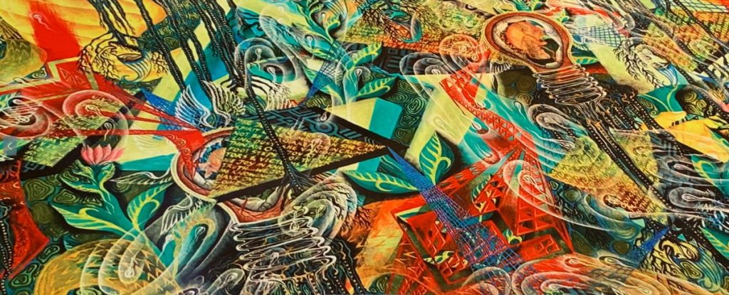 Close-up detail of In Light of Regeneration, an oil painting by Fijian artist Josaia Waqabaca McNamara selected for the Chianciano Art Biennale in Italy