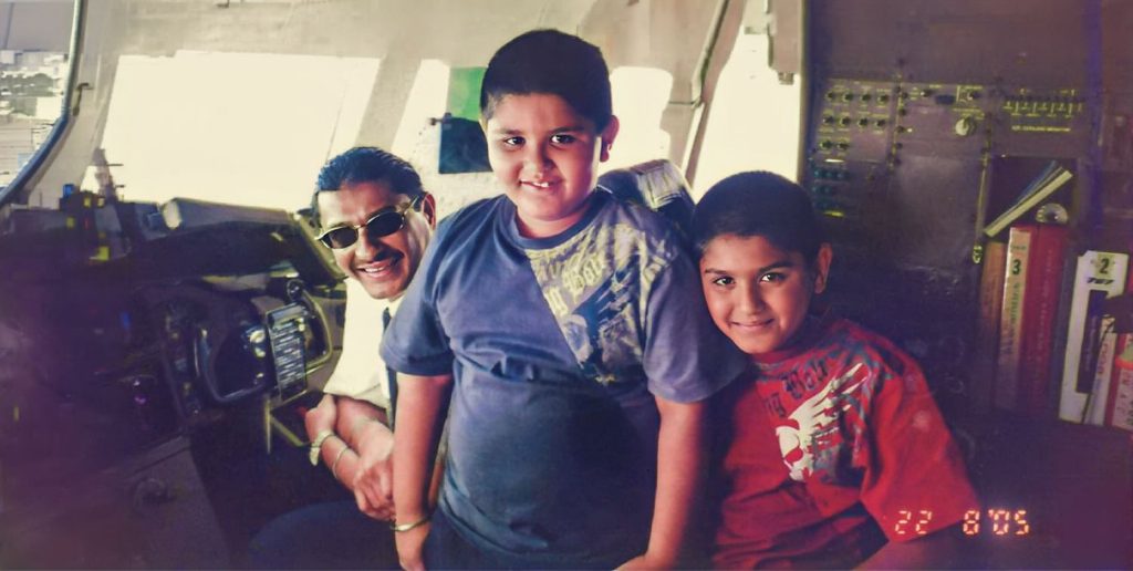 A childhood cockpit memory: Captain Satpreet Singh with his young sons,  Satvikrant and Prashant, during a visit to the cockpit 