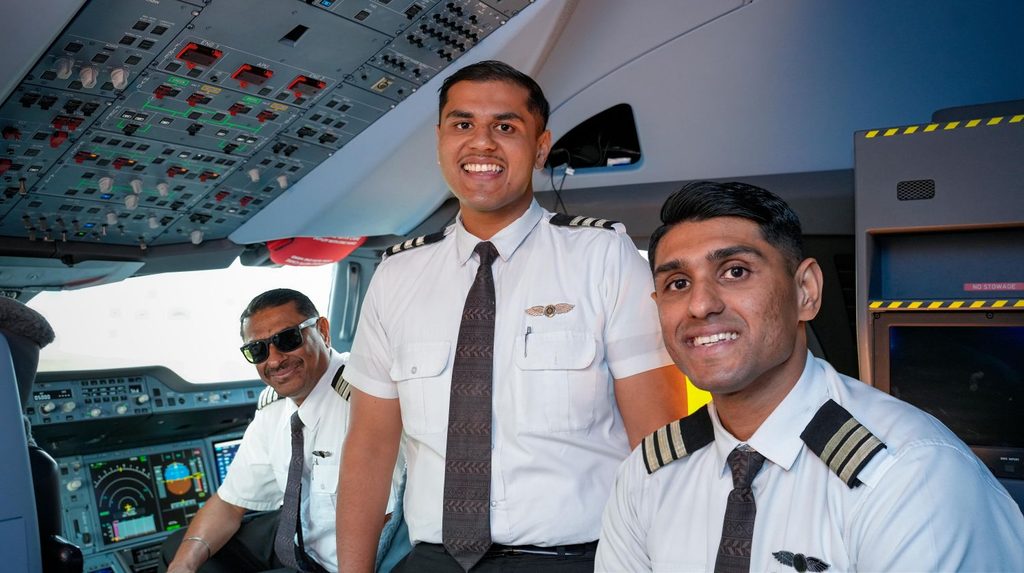 In the cockpit: From left, Captain Satpreet Singh, First Officer Satvikrant Singh and First Officer Prashant Singh. Photo: Fiji Airways 