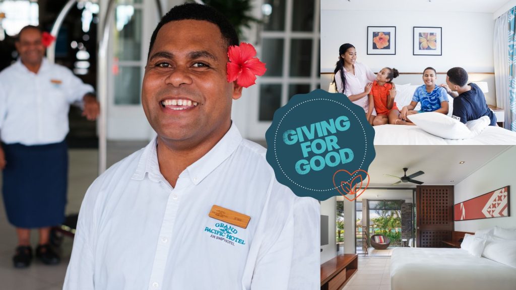 Giving for Good collage featuring Grand Pacific Hotel staff, a family in a hotel room and a hotel room interior.
