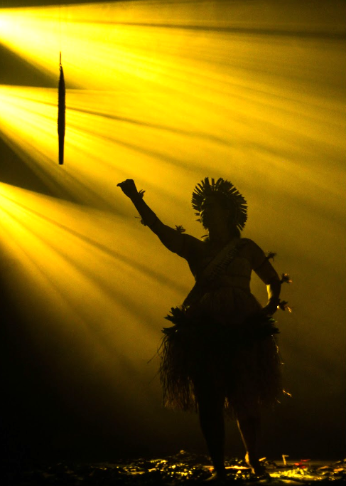 A theatrical performer silhouetted in warm golden stage lighting, with a suspended object visible above.